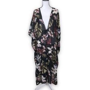 Walter Baker Floral Kimono Tulum Caftan Tropical Print Black Tie Front L…